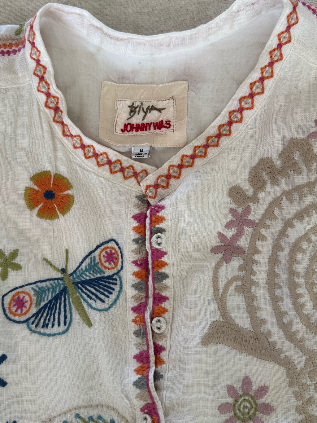 Johnny Was Embroidered Ivory Tunic Dress Butterfly Floral Boho Medium Size — image 3 of 3